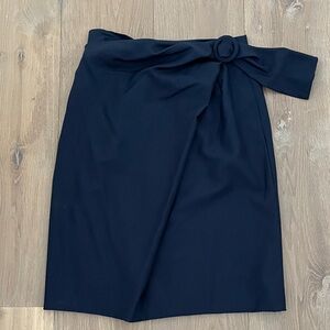 1970’s Céline 100% Wool Skirt Navy, Ruched Faux Side Gather with Round Buckle.